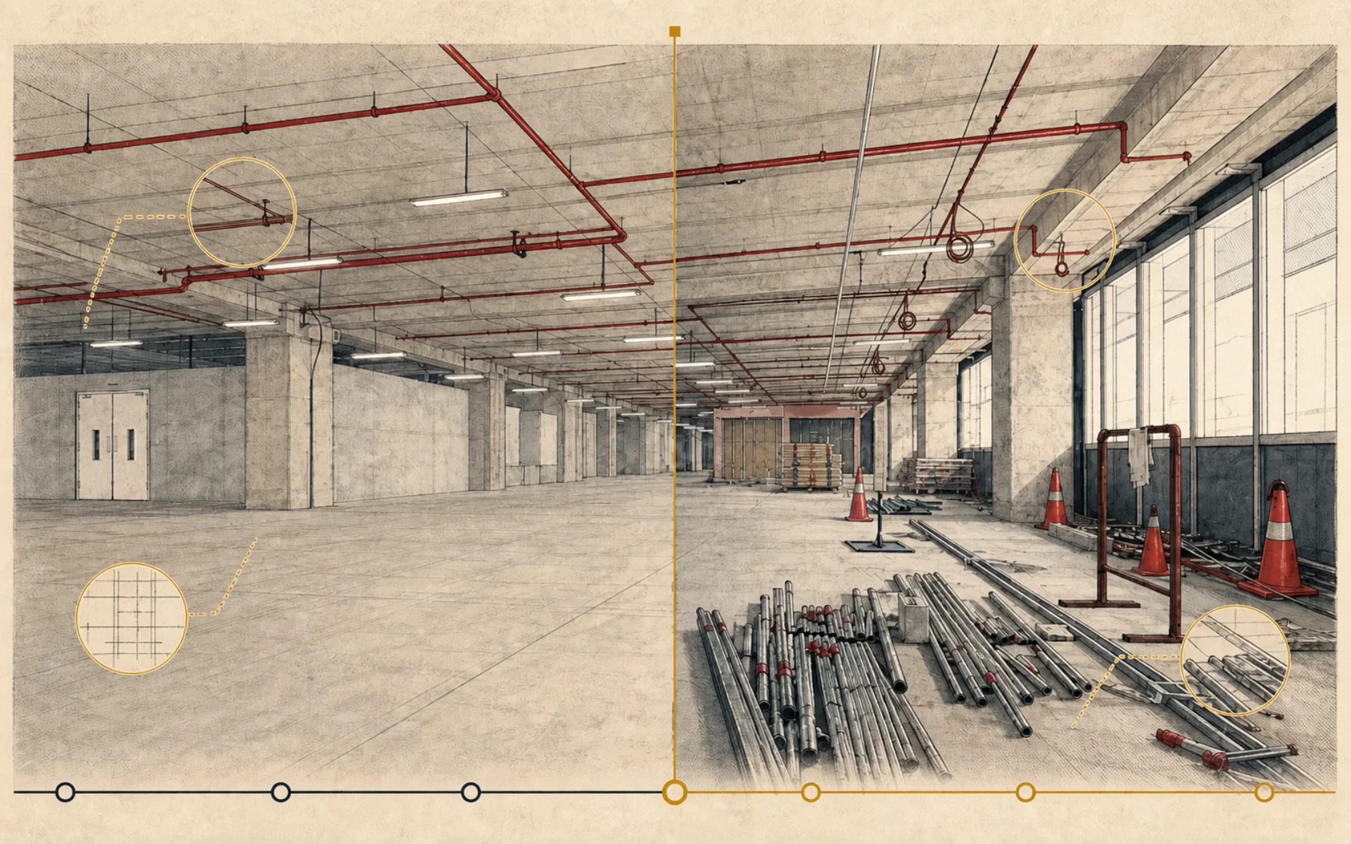 Illustrated interior construction progress tour