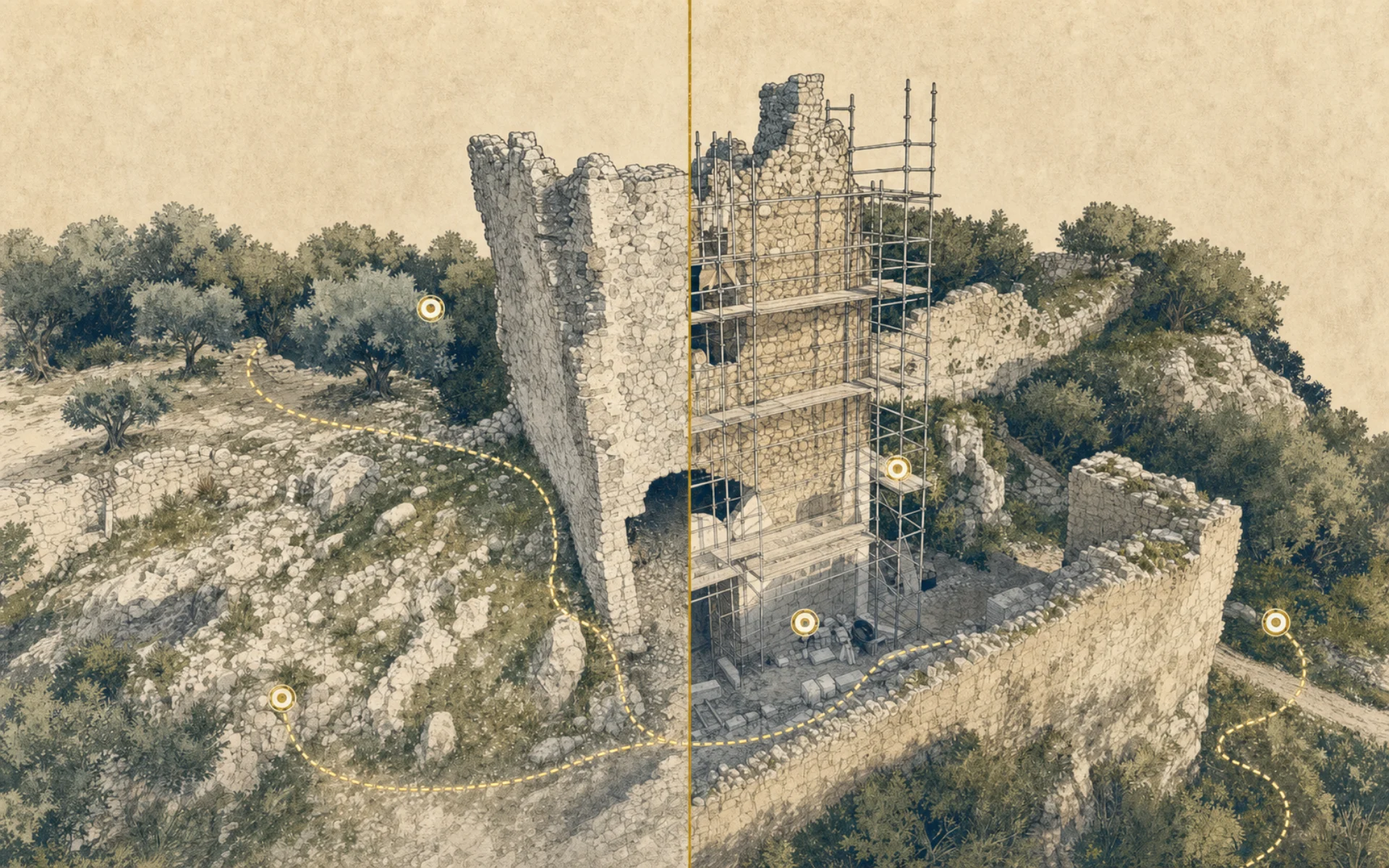 Illustrated Castell del Rebollet conservation phases tour