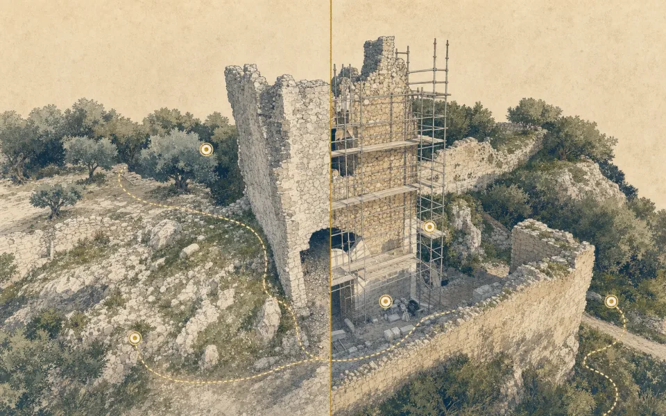 Illustrated Castell del Rebollet conservation phases tour
