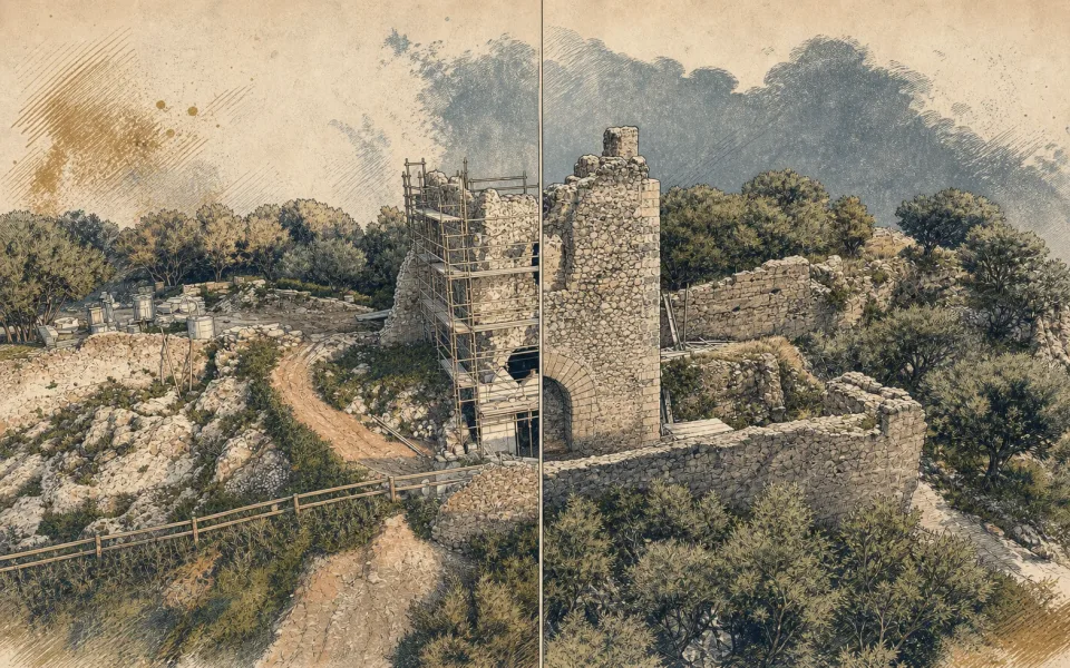 Illustrated Castell del Rebollet split-view tour
