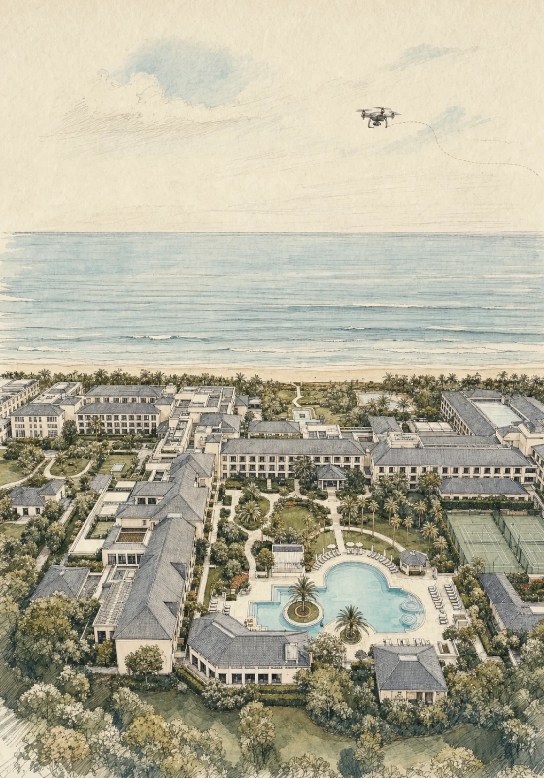 Illustrated 3D aerial photography of a seaside resort