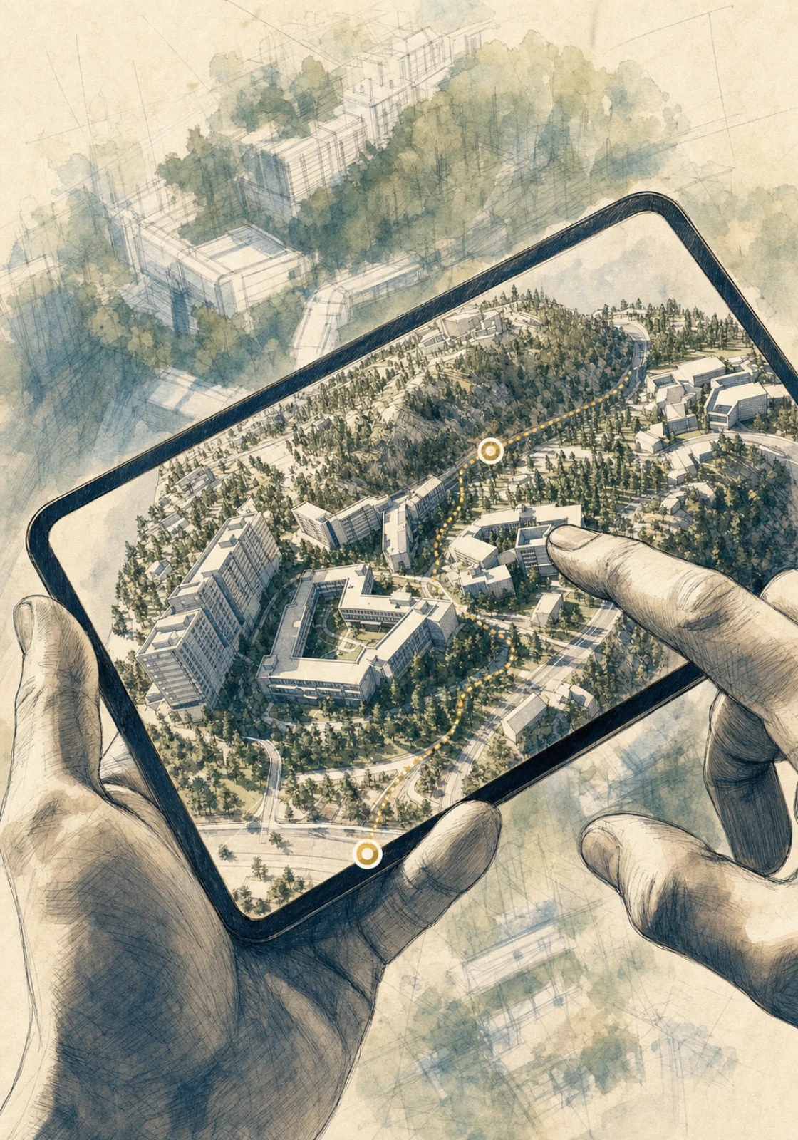 Illustrated interactive 3D site model on a tablet