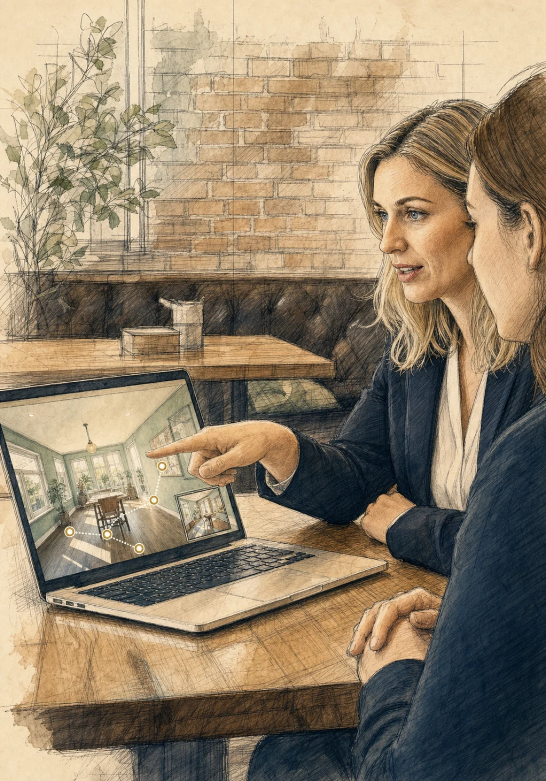 Illustrated virtual tour presentation on a laptop